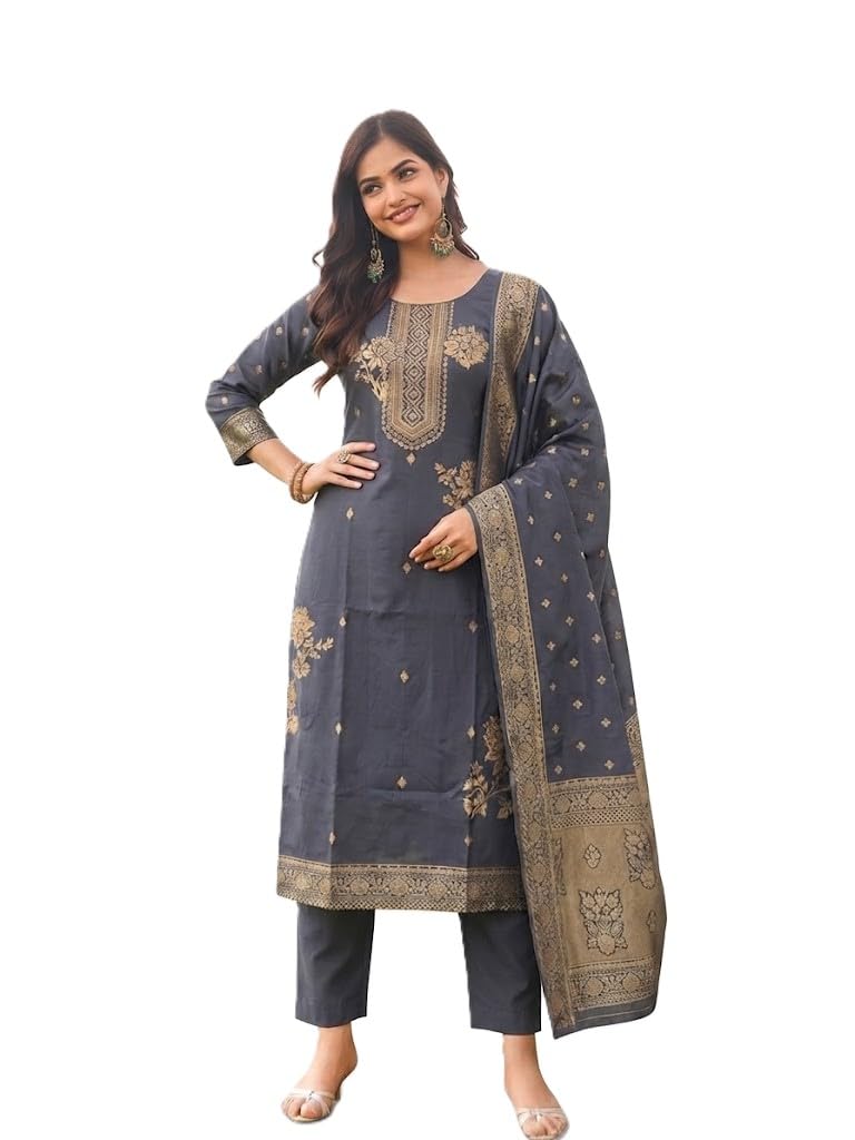 Women's Silk Blend Self Design Kurta Pant & Dupatta |3/4th Sleeves|Causal Dress|Office Wear|(S-G_279)-image-43