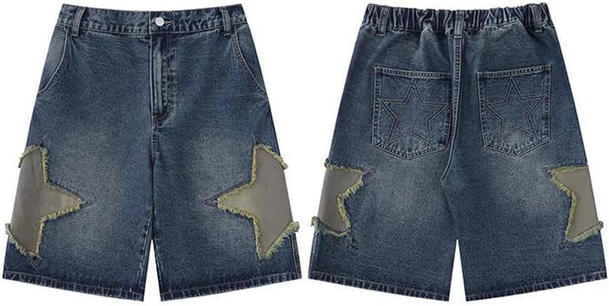Mens Bermuda Jean Shorts Summer Star Patchwork Loose Fit Baggy Denim Shorts with Pockets