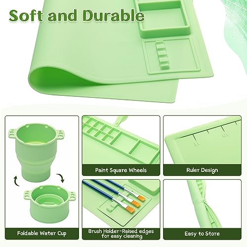 Silicone Painting Mat for Table Protection, 20"x16" Non-Slip Silicone Craft Art Mat with Cup and Lid for Painting, DIY, Resin, Clay, Green