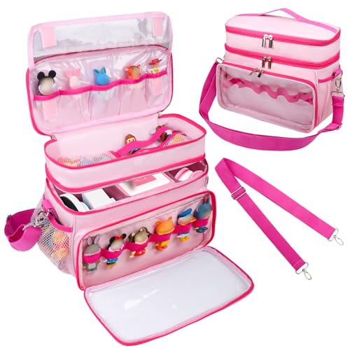 Tesuko Carrying Case Compatible with Toniebox Starter Set, Double Layer Storage Bag for Tonies Figures Characters, Portable Travel Organizer Case with Shoulder Strap for Tonies Box Headphones (Pink)