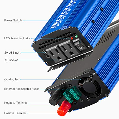 Kinverch 500W Continuous/1000W Peak Car Power Inverter DC 12V to AC 110V Adapter with 2 AC Outlets and 2A USB Charging Port