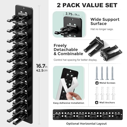 2 Pack Hat Organizer for Baseball Caps,Detachable DIY Hat Rack for Wall Hold Up to 22 Hats,Baseball Cap Organizer Cap Holder Hat Hangers for Wall Closet Door Bedroom (1A-Black) - image 2