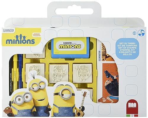 Multiprint Valise 7 Timbres Enfants Minions 2, 100% Made in Italy, Tampons Enfants Personnalisés, en Bois et Caoutchouc Naturel, Encre Lavable Non Toxique, Idée Cadeau, Art.07896