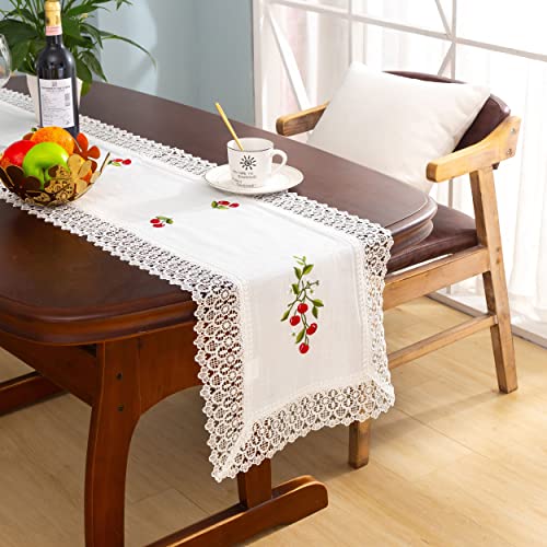 DALINA Textil - Pieza de 1 Camino de Mesa con Bordado Calado de Cerezas, 1 Unidad 40 x 90 cm