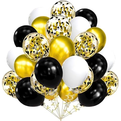 AULE Metallic Gold and Premium Latex Black White Balloons 60 Pack 12inches and Black Gold Confetti Balloons with Gold Ribbons Set for Birthday Graduation Wedding Party Decorations Cover