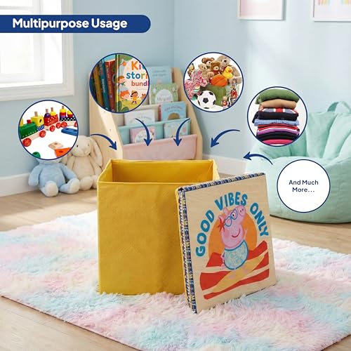 Image of Kudos Kids Print Foldable Storage Box | Non-Woven Fabric Toy Storage Basket | Laundry & Clothes Organizer with Lid (Yellow)