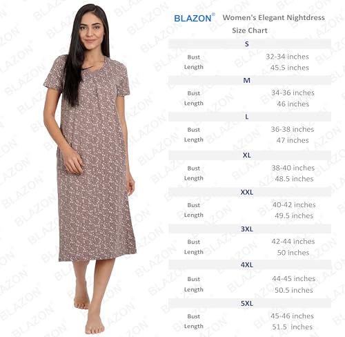 Image of BLAZON Women's Cotton Hosiery Elegant Maxi Nightdress with Lace Detailing, Floral Print, Pockets & Half Sleeves