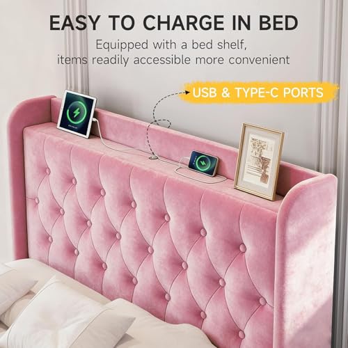 Image of koorlian Queen Bed Frame with Headboard, Adjustable Upholstered Platform Bed Frame with Type-C&USB Ports, Wingback Storage Headboard, Solid Wood Slats Support, No Box Spring Needed, Pink