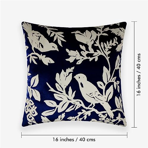 Image of Birds Designer Velvet Cushion Cover | Decorative Cushion Cover | Modern & Trendy | for Sofa Chair Bedroom | Set of 1 (16 x 16 Inch, Blue & Silver)