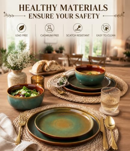 Image of GBHOME Dinnerware Sets for 4, 12 Pieces Stoneware Plates and Bowls Sets, Scratch Resistant Dishes, Dishwasher & Microwave Safe, Rustic Reactive Glaze-Brown Green