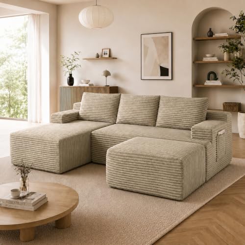 Image of Boneless Couch, Modular Sectional Couches for Living Room, U-Shaped Cloud Couch Sofa with Deep Seat, Fluffy Corduroy Upholstered Corner Sofa