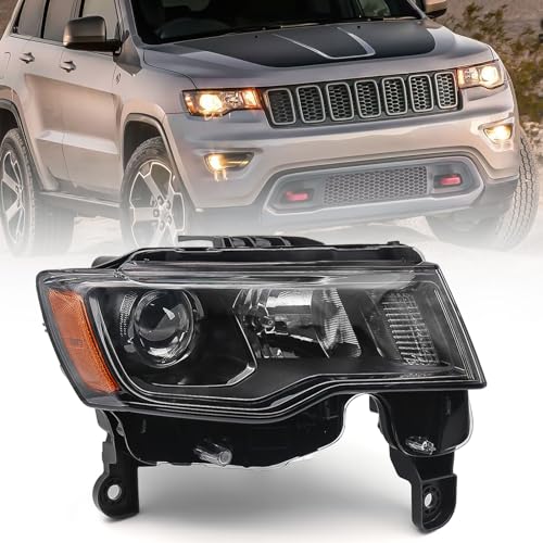 Huray Right Headlight Assembly for Jeep Grand Cherokee 2017-2021 [Only for Halogen Type] [Black Bezel] OE Headlamp Replacement Passenger Side