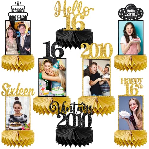 Image of Eucutur 8Pcs Sweet 16 Party Decorations Honeycomb Centerpieces for Boys Girls, Black Gold Vintage 2010 16th Bday Photo Table Centerpieces Party Supplies, Glitter Sweet Sixteen Bday Table Topper