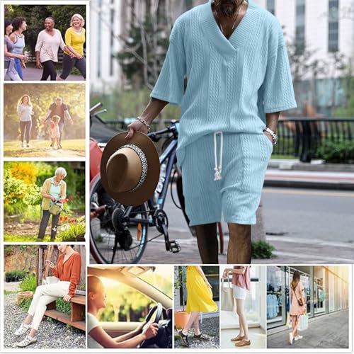 Casual Cable Knit T-shirt Set Athleisure Cable Jacquard Set Men,V-Neck 3/4 Sleeve Top and Drawstring Shorts 2 Piece2