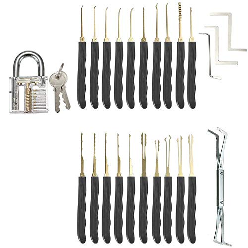 Lock Picking Set,26 Pieces with Clear Transparent Padlock and Euro Cylinder for Lockpicking Practice and Training (26PCS)