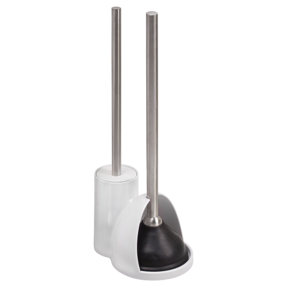 idesign plastic toilet bowl plunger set, slim compact combo, 7.5" x 6" x 19", white and brushed stainless steel