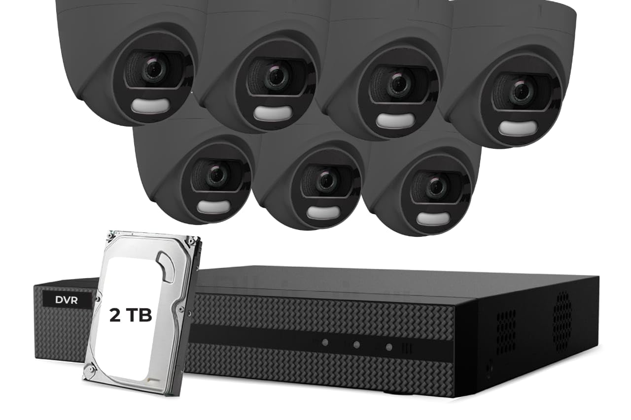 HIZONE PRO8CH 5MP 24/7 Colorful HD Turret Camera CCTV Security System with 1x 5MP 1U H.265 DVR & 7x 5MP Grey Camera with IP67, 2.8mm Fixed Focal Length | Smart Light rang up to 20M (2TB)
