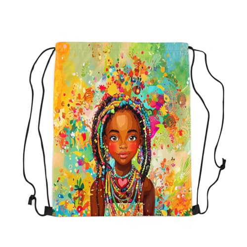 Image of jejeloiu Cute Black Drawstring Backpack 13x15.7inch African American Waterproof Gym Drawstring Bags Colorful Sports String Backpack Beach Swim Travel Bag Sackpack