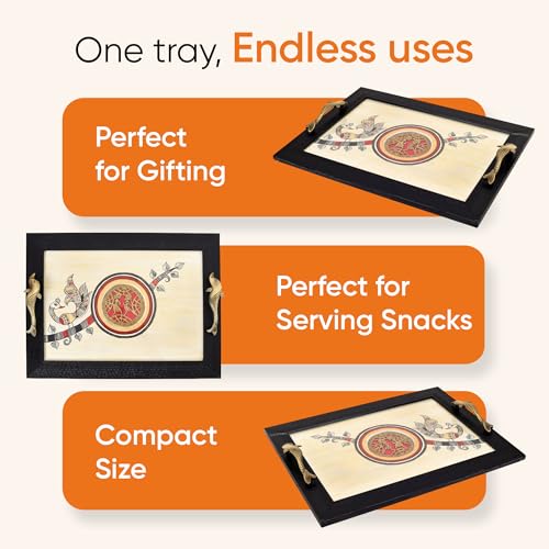 Image of Aakriti Art Creations' Fusion Art Tray, Serving Platter for Tea & Snacks | Hand-Painted Madhubani Art with Matte Finish, Handcrafted Metal & Wood Decorative Tray with Handles| Snacks Tray Set