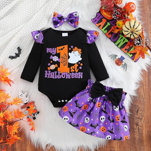 Infant Girl 1st Halloween Skirt Outfit Long Sleeve Romper and Headband 3PCS Baby Clothes Set2