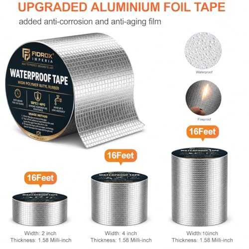 Image of Fidrox Super Strong Adhesive Waterproof tape Permanent Repair Roof Water Leakage Solution Rubber Foil Suitable for Roof Leak,surface Crack,Window Sill Gap,Boat Sealing (4 Inch (10CM*5M))