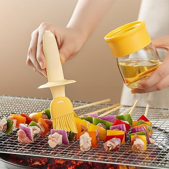 Image of Plastic Oil Dispenser Bottle with Silicone Brush | 200ML Leakproof Premium Jar | Kitchen Basting Brush for Cooking, BBQ Grill Frying Baking, Air Fryer,