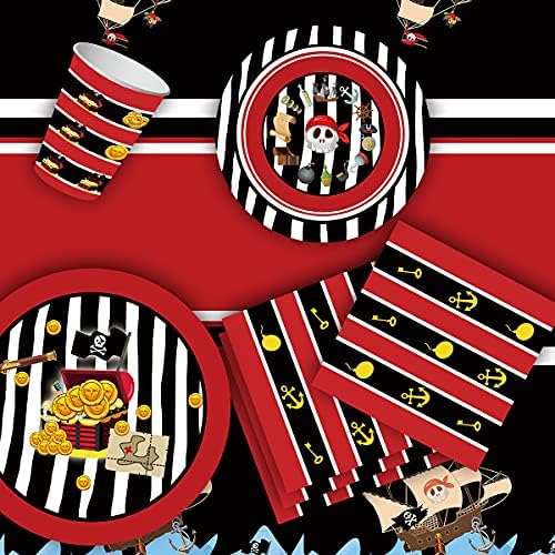 WILDPARTY Pirate Party Decoration - 86Pcs Pirate Theme Supplies, Tableware Set Paper Plates Cups Tablecloth for Kids Birthday Party Decorations