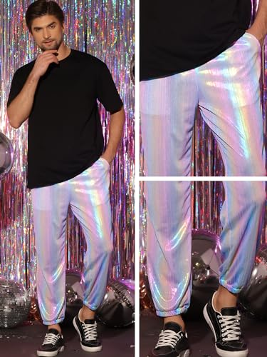 Lars Amadeus Metallic Pants for Men's Sparkle Rainbow Sweatpants Disco Holographic Pants4