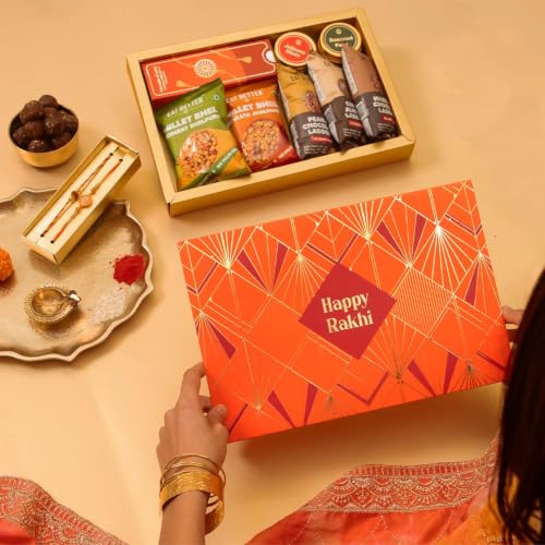 Image of Sneh - 11-Item Rakhi Gift Hamper for Brother | Premium Rakhi Set of 2 with Chocolate Dry-Fruit Laddoos, Millet Bhel, Roli-Chawal & Mukhwas Combo - Rakhi set for Brother with Hamper
