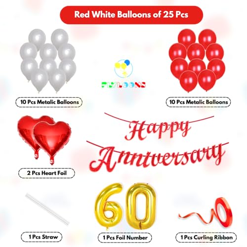 Image of Flyloons 60th Happy Anniversary Decoration Items Red White for Men Women Husband Wife Mom Dad Couple Bedroom Car With 20 Pcs Metallic Balloons Anniversary Banner 2 Pcs Heart Set Kit Diamond Jubilee