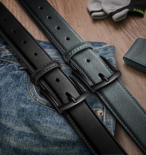 Image of BULLIANT Men Belt 2Pack-Leather Belt 7Holes Comfortable For Men's Dress Casual Jeans 1 3 /8 inch