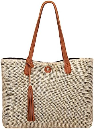 MEGAUK Women Woven Beach Bag Vacation Style Tote Bag Large Capacity Handmade Shoulder Bag Straw Shopping Handbag For Ladies