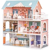 ROBUD Wooden Dollhouse for Kids Girls, Toy Gift for 3 4 5 6 Years Old, with Furniture