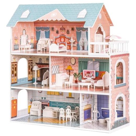 ROBUD Wooden Dollhouse for Kids Girls, Toy Gift for 3 4 5 6 Years Old, with Furniture