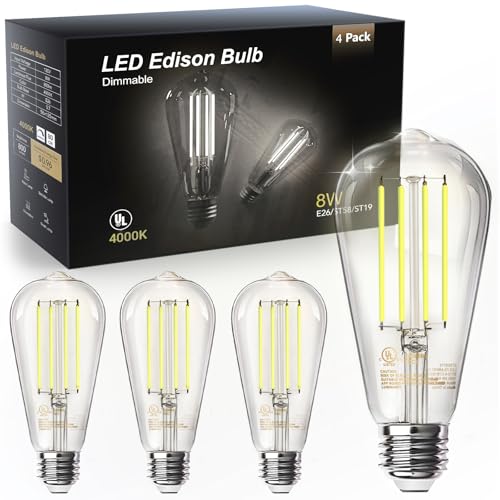 Image of TJOY 4 Pack E26 Base Vintage LED Edison Light Bulbs, 60W Equivalent Dimmable, 4000K Natural White, 8W ST58 LED Filament Bulbs, 800Lumens, CRI80+, Antique Glass Style for Home, Bedroom, Farmhouse