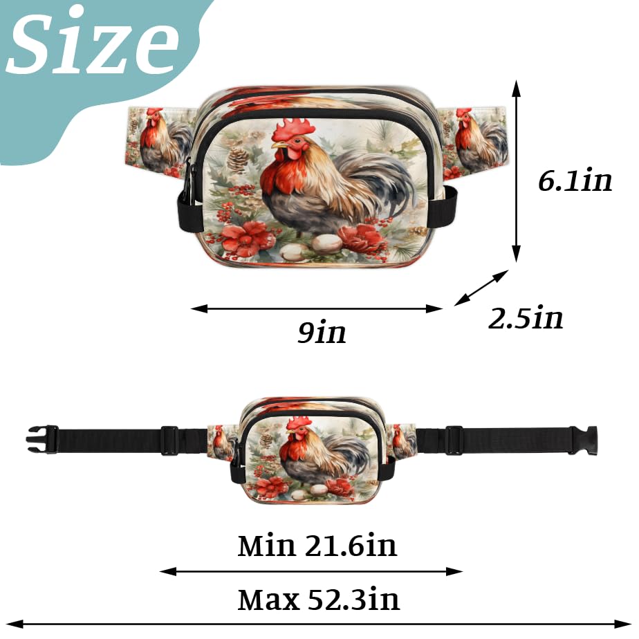 Watercolour Berry Flower Rooster Waterproof Fanny Pack for Women Men Adjustable Waist Bag with Double Zipper Pockets Lightweight Square Hip Pack for Running Travel Hiking Workout Cycling