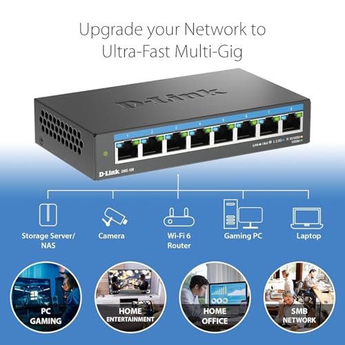 Image of D-Link 8-Port 2.5GB Unmanaged Gaming Switch with 8 x 2.5G - Multi-Gig, Desktop or Wall Mount, Silent Operation, Plug & Play, Follows NDAA /TAA, (DMS-108), Ethernet Splitter, Multi-Gigabit Network