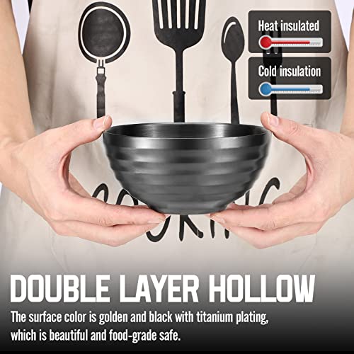4er Edelstahl Schüsseln Doppelschicht Isolierte Nudelsuppe Schüssel Reis Schüssel Salat Schüssel Müslischalen, Schüsseln für Obst Getreide Snack Vorspeise, Geschirrspüler Sicher,14cm (Gold&Schwarz)