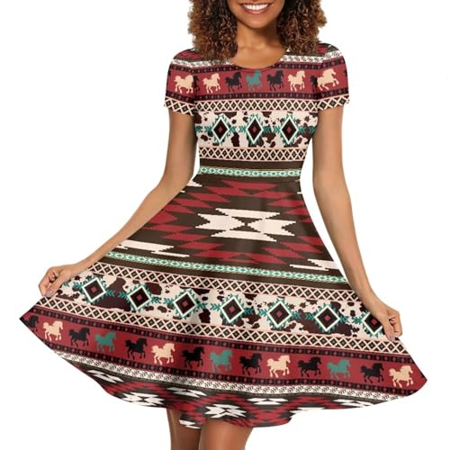 Image of HUGS IDEA Womens Puffy Swing Midi Dress Round Neck Short Sleeve Party A-Line Dresses
