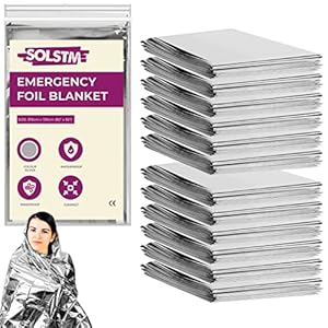 SOLSTM Noodfoliedekens 12 stuks – waterdichte reflecterende thermische deken, herbruikbare nooddeken voor eerste hulp, buiten, kamperen, wandelen, overleven, marathons (210 x 130 cm, zilver) – 12 stuks