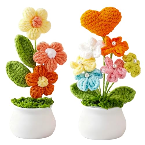 InteDesign Ramo de flores de corazón de ganchillo, flores de punto, flores de ganchillo hechas a mano, ramo de punto naranja, flor de ganchillo simulada a mano pequeña planta en maceta, para