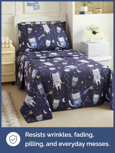 Image of Kids Twin Size Cat Bed Sheets - 3 Piece Kids Cat Sheet Set - Galaxy Astronaut Bedding - Ultra-Soft, Cute & Cozy - Breathable & Machine Washable - Wonderful Bed Set for Boys, Girls, Teens & Toddlers