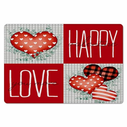 Valentine's Kitchen Bath Door Mat Cushioned Runner Rug,Washable Welcome Floor Sink Antifatigue Mat,Waterproof & Non-Slip Comfort Standing Doormat,Plaid Dots Love Eucalyptus Leaves Red 18
