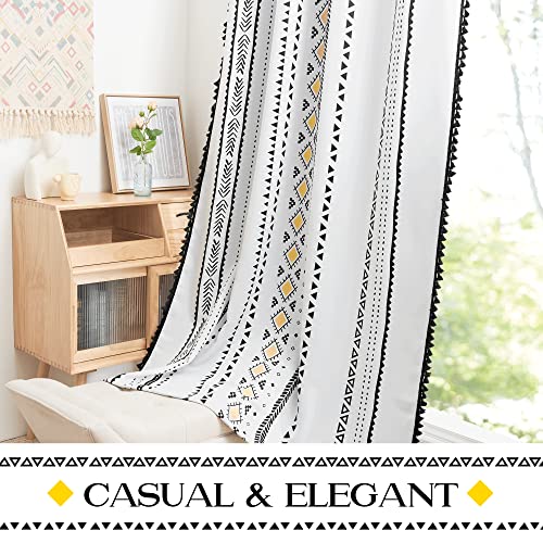 Nicetown White Boho Curtains With Black And Yellow Bohemian Pattern, Grommet Decorative Room Darkening Light Blocking Macrame Drapes For Bedroom/Kids Room, W52 X L63, 2 Panels #TOP2