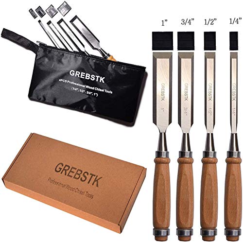 GREBSTK Professional Wood Chisel Tool Sets Sturdy Chrome Vanadium Steel Chisel Beech Handles Woodworking Tools, 4PCS, 1/4 inch,1/2 inch,3/4 inch,1 inch