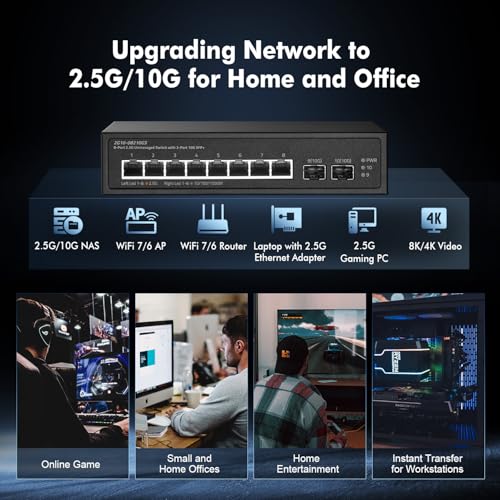Image of 10 Port 2.5G Switch, 2x10G SFP+ Port, 8x2.5G Base-T Ports Compatible with 100 /1000Mbps, Metal Unmanaged Fanless Binardat Ethernet Switch, for Gaming, NAS, Small Business, Plug & Play