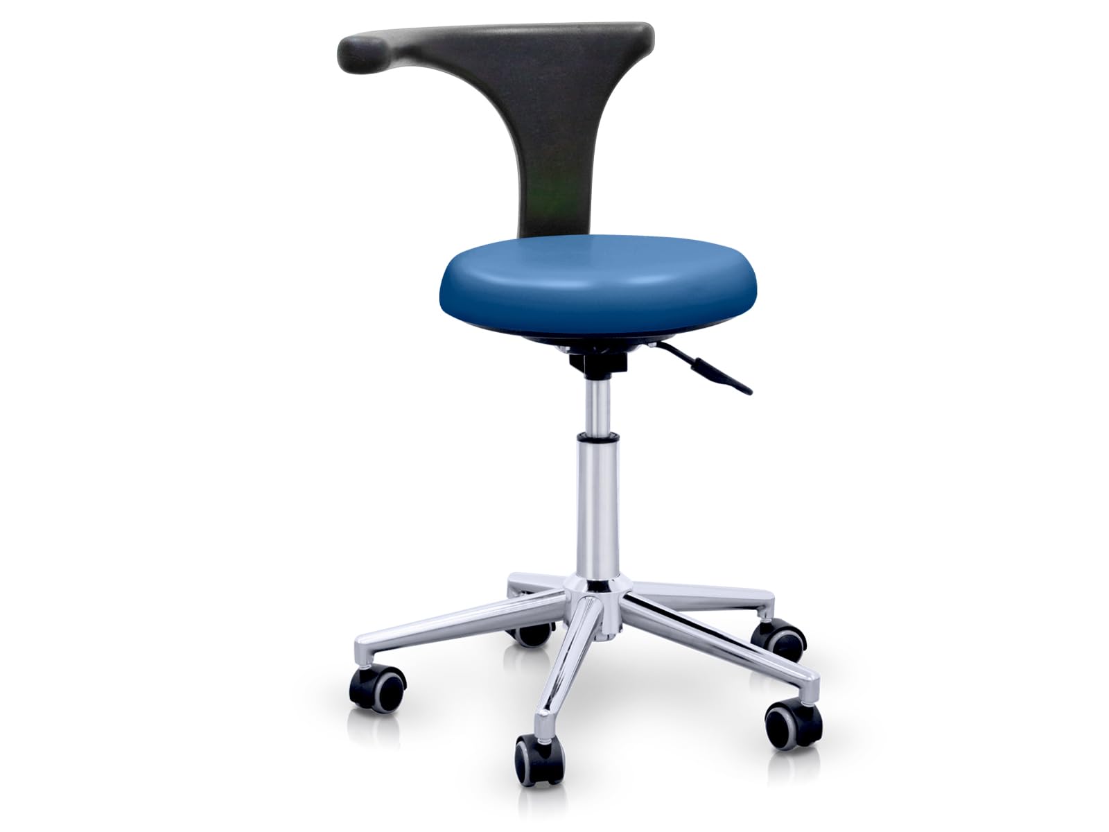 QUIRUMED Taburete con Respaldo ergonómico Profesional, Color Azul Marino, Estructura en Acero Inoxidable, Polipiel, Base con Ruedas, Asiento Regulable en Altura, hasta 120 kg