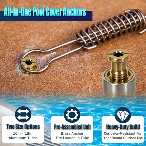 Image of 10 Pack 18 inch Pool Cover Anchors, 18 inch Heavy Duty Aluminum Tube with Brass Anchors, Suitable for Loose Ground or Paved Surface Installation, Fit for Pool Safety Cover Fixation, Extra-Long Lawn Pipe Set