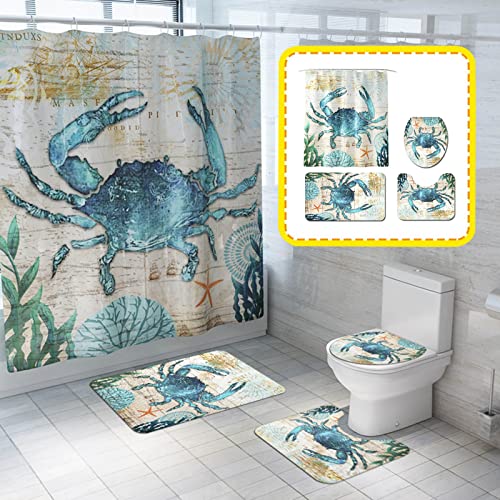 4 Teiliger Badematten Set,Marine Series rutschfest U-FöRmige Duschvorleger Ozean-Muster Super Weich Duschvorhang… – Bild 3