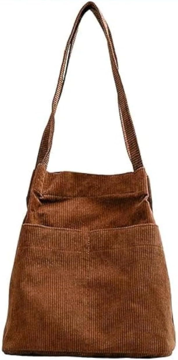 Corduroy Shoulder Bag for Women, Lightweight Vintage Tote with Multiple Pockets, Soft Fabric Everyday Purse – Brown